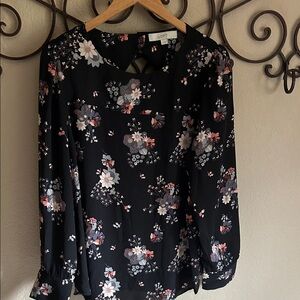 LOFT Black and Pink Floral Blouse